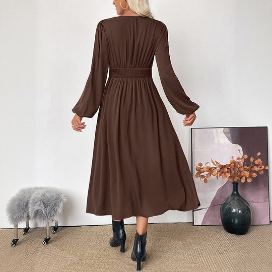 Damen Maxikleid Wickeloptik mit V-Ausschnitt, Empire-Taille und langen Ballonärmeln Shop Nory