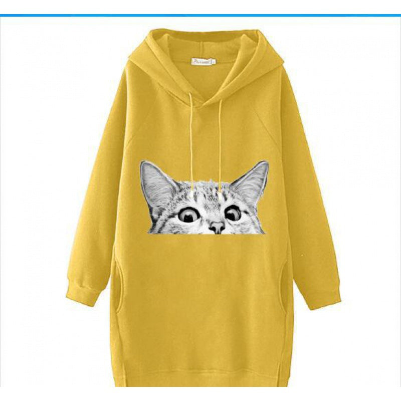 Damen Oversize Kapuzenkleid aus Sweat mit großem Katzenprint und Seitentaschen Shop Nory