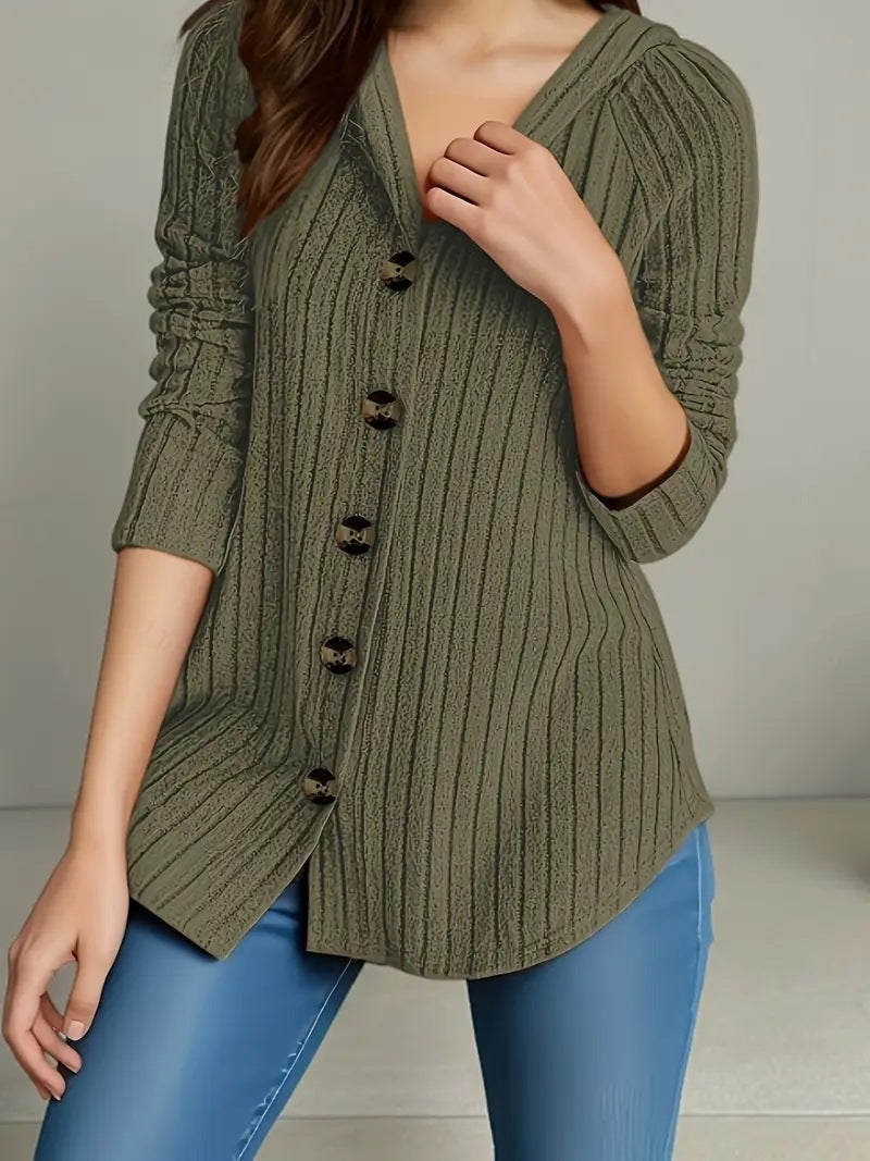 Damen kaschierender gerippter Strickcardigan mit V-Ausschnitt und dekorativen Knöpfen Shop Nory