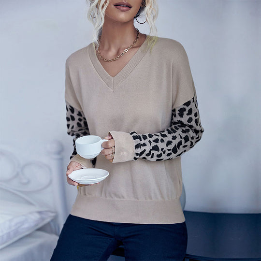 Damen V‑Ausschnitt-Feinstrickpullover mit Animal-Motivärmeln und elastischem Saum Shop Nory