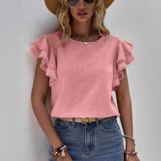 Damen Bluse mit Volantärmeln und Pompon-Spitzenbesatz Shop Nory