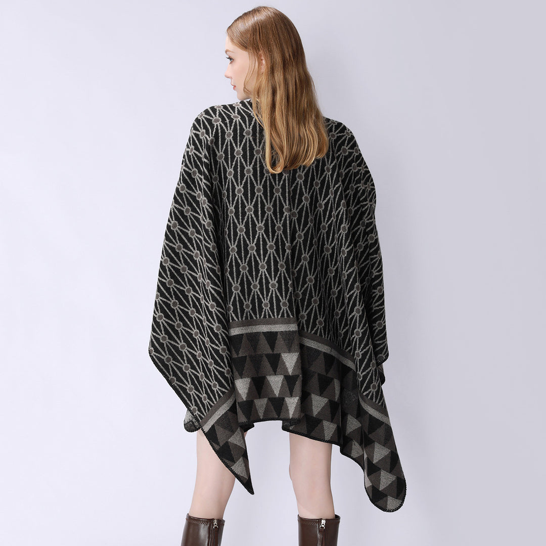 Damen Strukturiertes Jacquard-Poncho-Überwurf mit grafischem Ethno-Muster und offenem Kimono-Fall Shop Nory