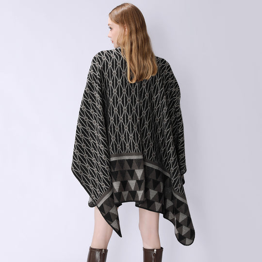 Damen Strukturiertes Jacquard-Poncho-Überwurf mit grafischem Ethno-Muster und offenem Kimono-Fall Shop Nory