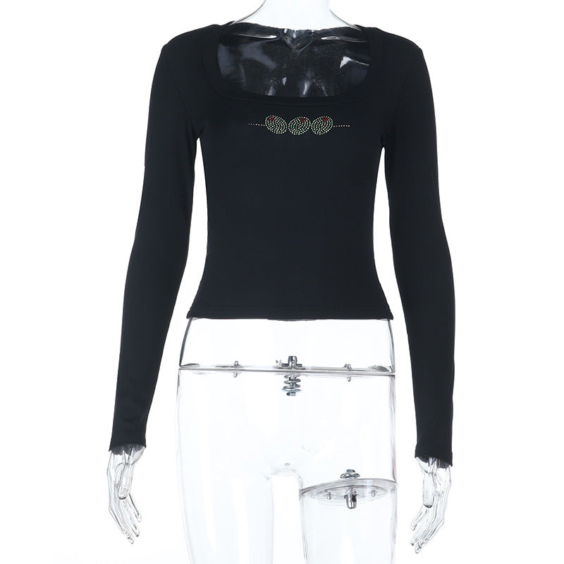 Damen Figurbetontes geripptes Longsleeve mit quadratischem Ausschnitt und Strass‑Applikation Shop Nory
