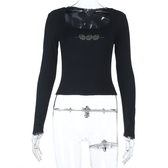 Damen Figurbetontes geripptes Longsleeve mit quadratischem Ausschnitt und Strass‑Applikation Shop Nory