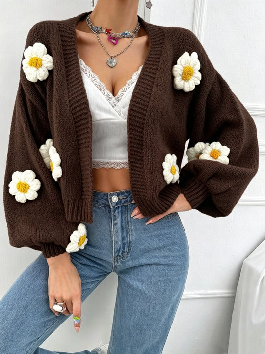 Damen Kurzgeschnittener Grobstrick-Cardigan mit 3D-Blütenapplikationen Shop Nory