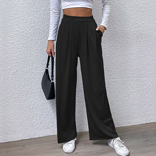 Damen hochtaillierte weite Hose mit Vorderfalten, elastischem Bund und Seitentaschen Shop Nory