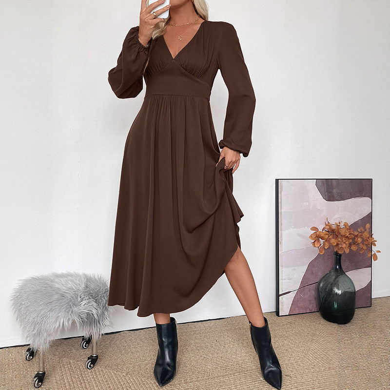 Damen Maxikleid Wickeloptik mit V-Ausschnitt, Empire-Taille und langen Ballonärmeln Shop Nory
