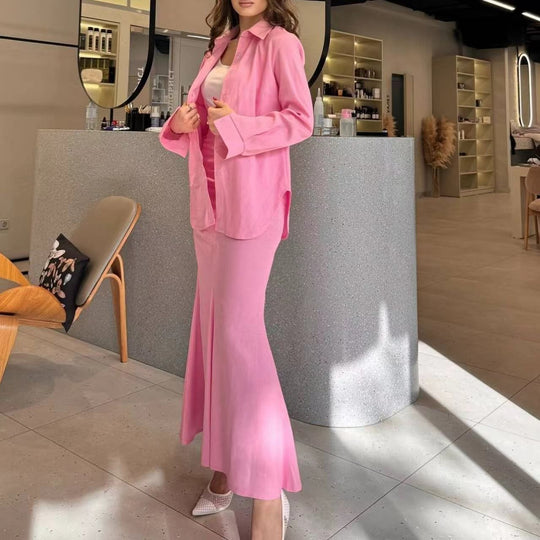 Damen Zweiteiliges Set Schlauchmaxirock mit ausgestelltem Saum und Oversize-Hemd Shop Nory