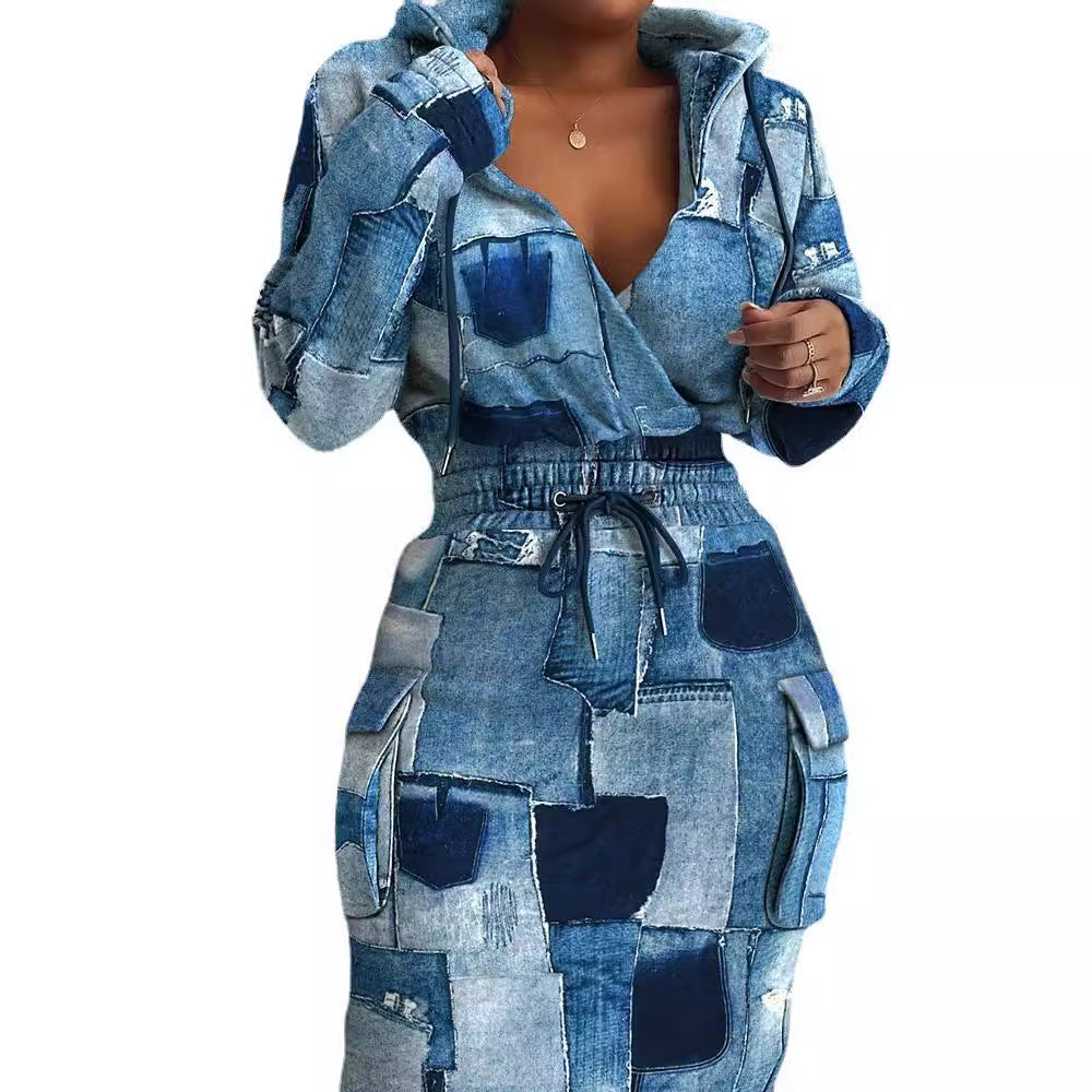 Damen Kapuzen Sweatkleid mit V-Ausschnitt, Kordelzug-Taille und Cargo-Taschen Shop Nory
