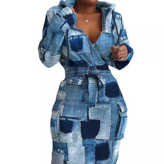 Damen Kapuzen Sweatkleid mit V-Ausschnitt, Kordelzug-Taille und Cargo-Taschen Shop Nory