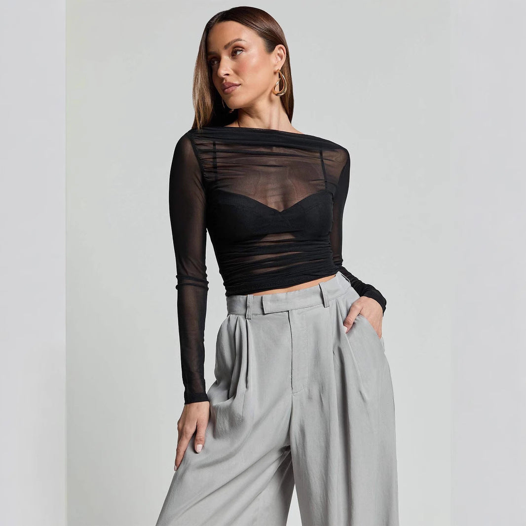 Damen Elegantes Langarmoberteil mit transparentem Mesh und Raffung