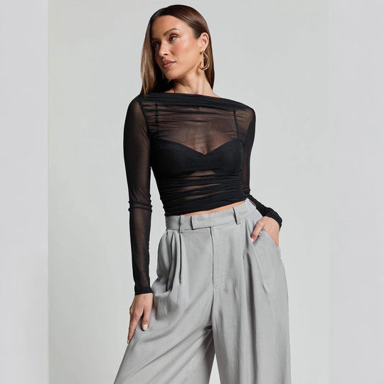 Damen Elegantes Langarmoberteil mit transparentem Mesh und Raffung