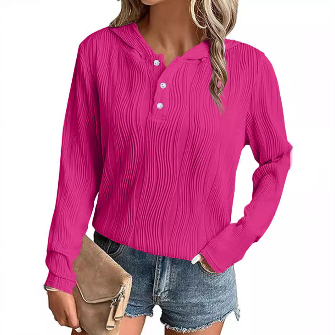 Damen Geripptes Kapuzen-Henleyshirt mit Knopfleiste und leichter Struktur Shop Nory