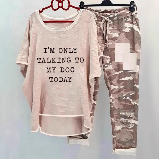 Damen nan weites Freizeit-Set mit Spruchaufdruck, weit geschnittenem Langshirt und Camouflage-Jogginghose