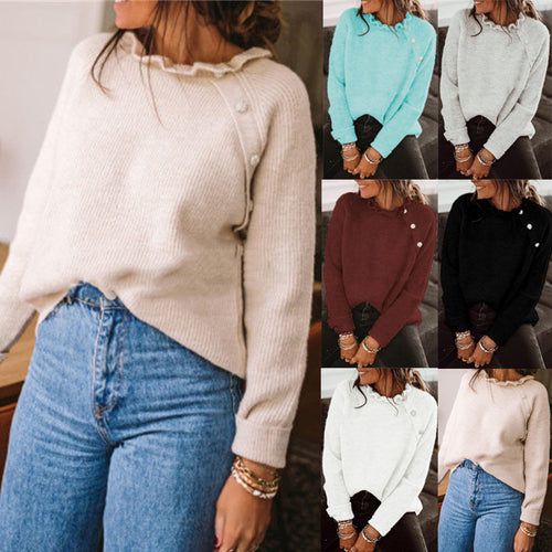 Damen Rippstrickpullover mit Rüschenkragen und seitlicher Knopfleiste Shop Nory