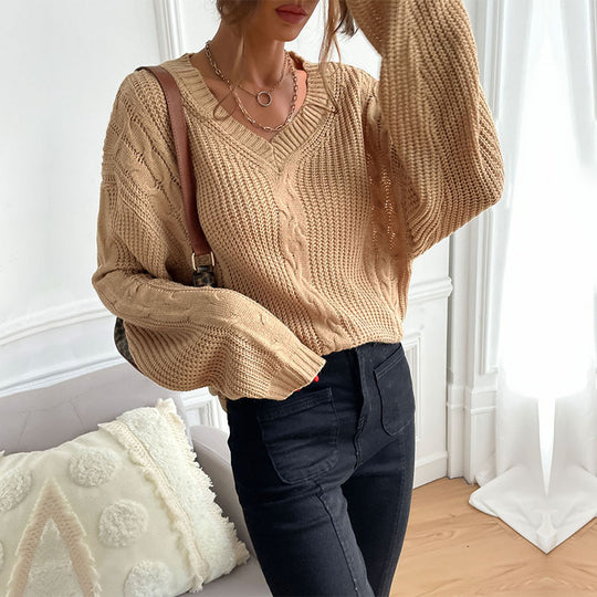 Damen Grobstrick Oversize-Pullover mit Zopfdetail und weitem V-Ausschnitt Shop Nory