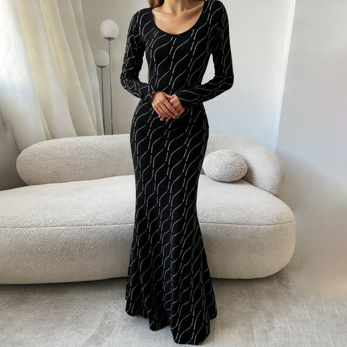 Damen nan langärmeliges Bodycon-Mermaid-Abendkleid mit Wellen-Strassbesatz Shop Nory