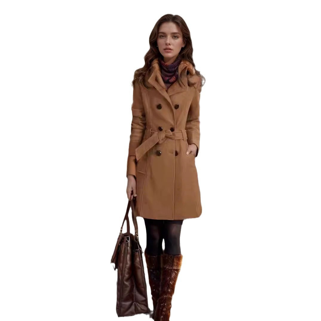 Damen Langmantel mit ausgefransten Kanten, taillierter Silhouette und Doppelreihe Shop Nory