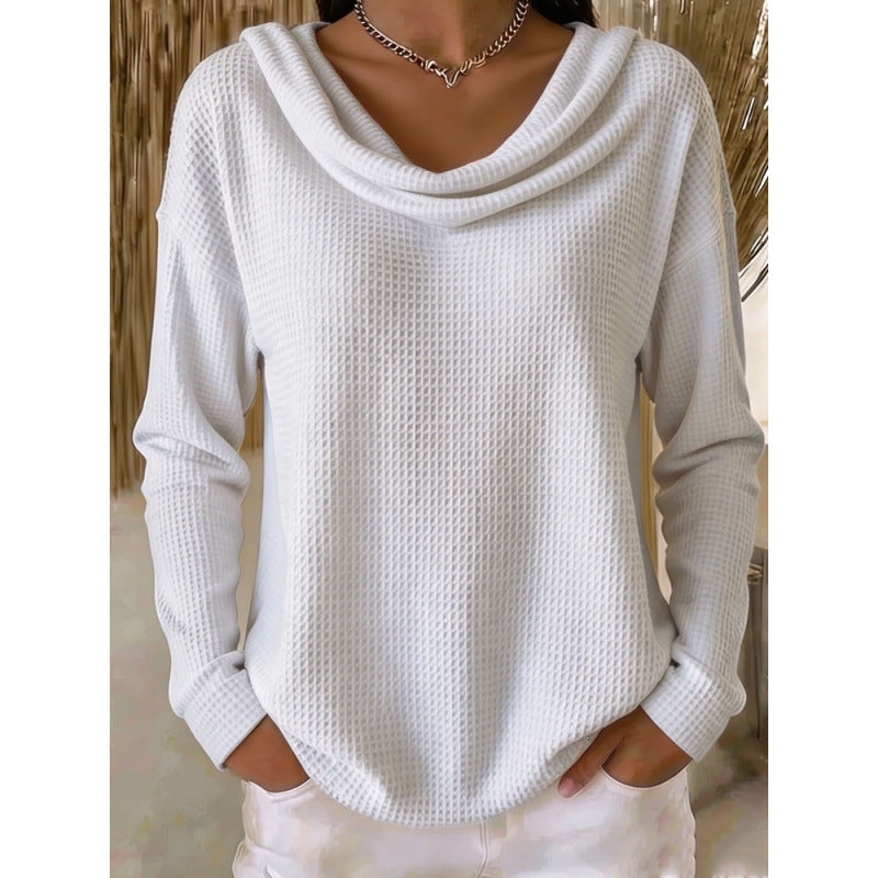 Damen Lässiger Waffelstrick-Pullover mit weitem Wasserfallkragen und gerundetem Saum Shop Nory