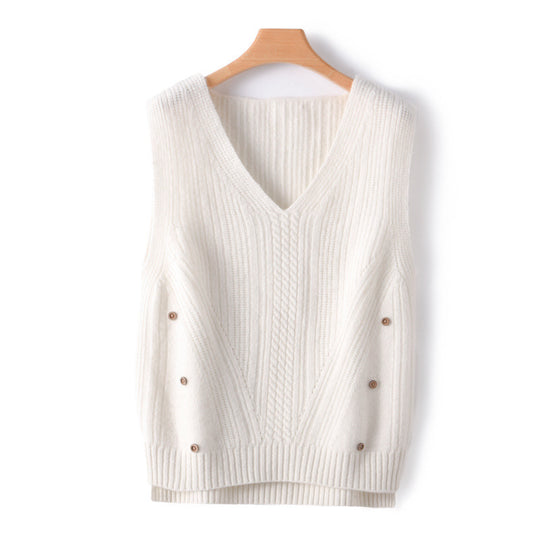 Damen Strick-Longweste mit V-Ausschnitt, Zopfmuster und seitlicher Knopfleiste Shop Nory