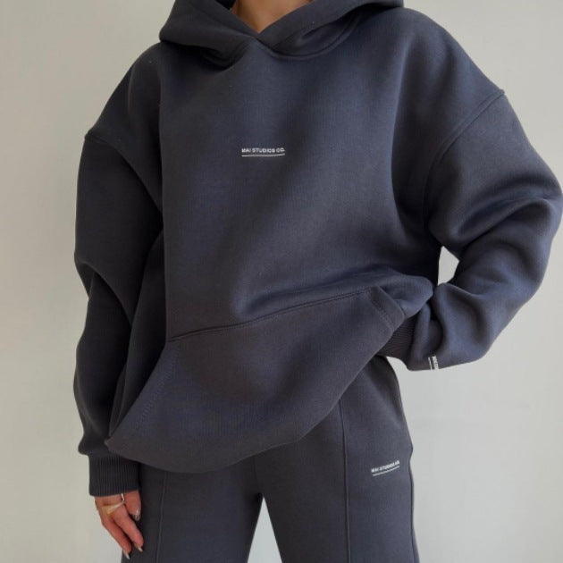 Damen Set Schwere French‑Terry Oversize‑Kapuzenpullover mit Kängurutasche und Slim‑Jogginghose Shop Nory
