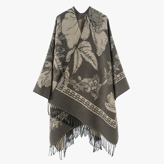 Damen Rechteckiger Jacquard-Überwurf mit floralem Allovermotiv und Fransensaum Shop Nory