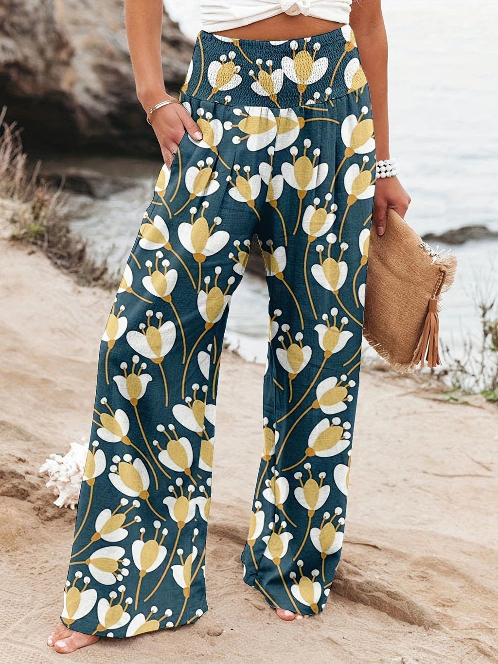 Damen Weit geschnittene Strandhose mit floralem Motiven und elastischem Bund