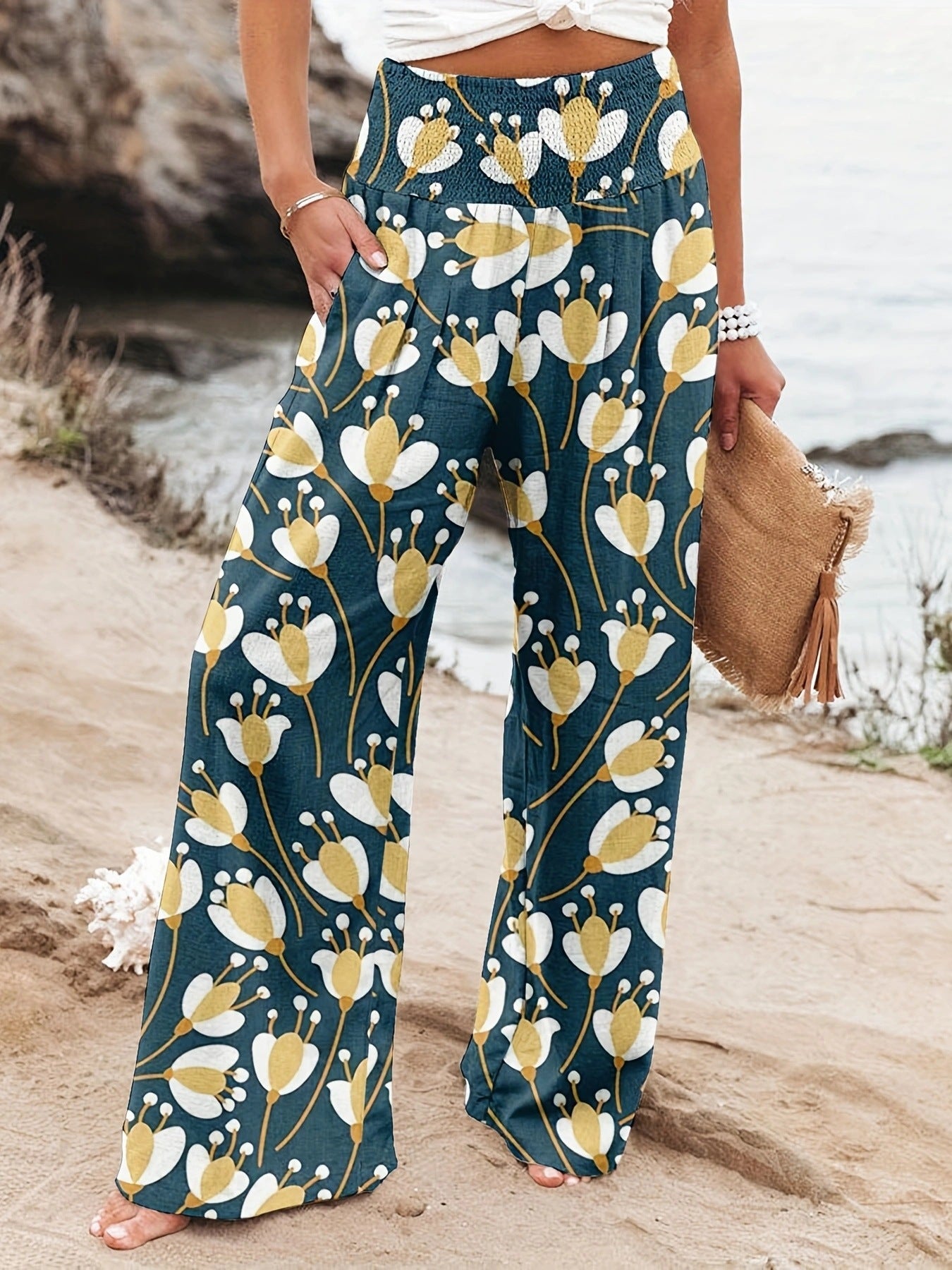 Damen Weit geschnittene Strandhose mit floralem Motiven und elastischem Bund