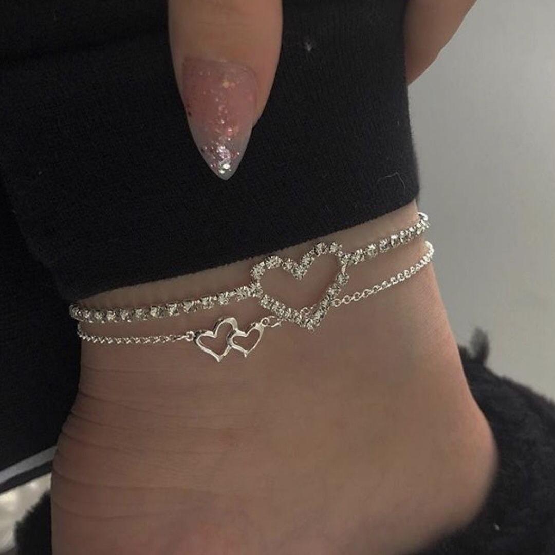 Damen Fußkettchen mit herzförmigem Design und funkelnden Strasssteinen Shop Nory