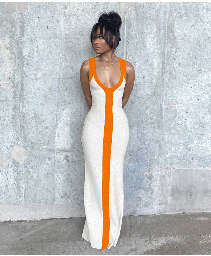Damen elegantes Maxikleid mit tiefem V-Ausschnitt und kontrastierendem Streifen