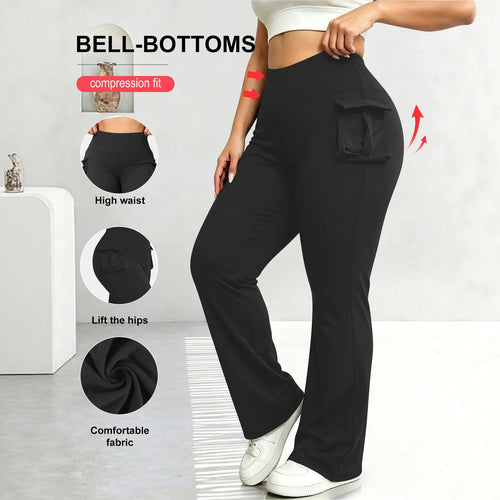 Damen High-Waist Flared-Leggings mit seitlichen Rüschen- und Handytaschen Shopy Nory