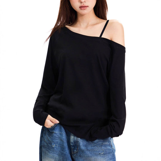 Damen nan asymmetrisches Off-Shoulder Langarmshirt aus Baumwollstretch mit lässigem Oversize-Schnitt Shop Nory