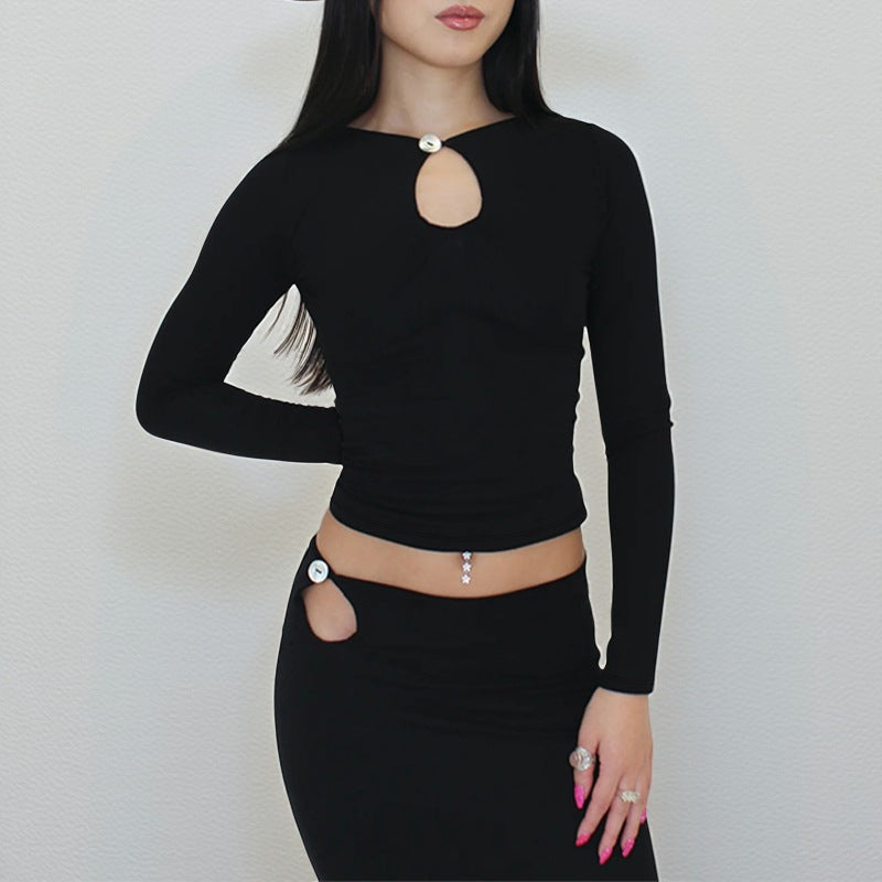 Damen Zweiteiliges figurbetontes Stretch-Set mit Langarm-Crop-Top und Hüft-Cut-out Rock Shop Nory