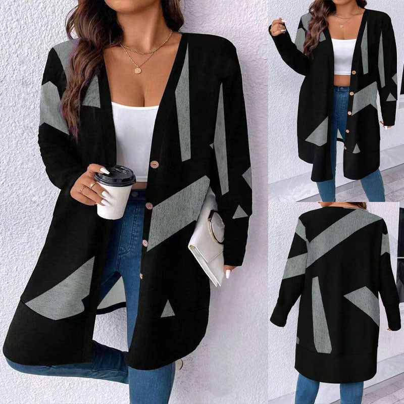 Damen Oversize Strickcardigan mit geometrischem Muster, Knopfverschluss und aufgesetzten Taschen Shop Nory
