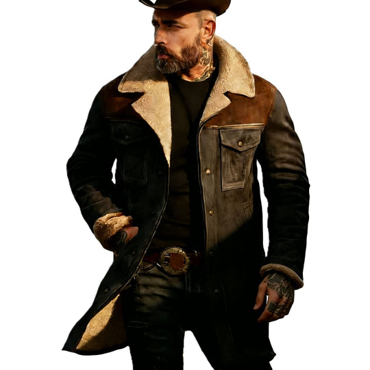 Herren Langer Veloursledermantel mit Teddyfutter und Pattentaschen Shop Nory
