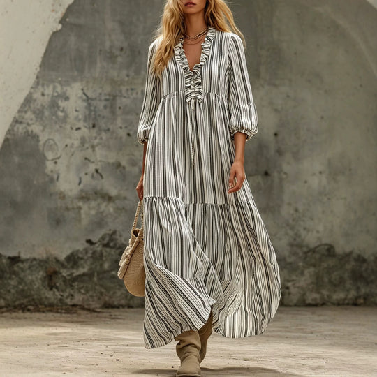 Damen Maxikleid mit Rüschen-V-Ausschnitt und Ballonärmeln Shop Nory