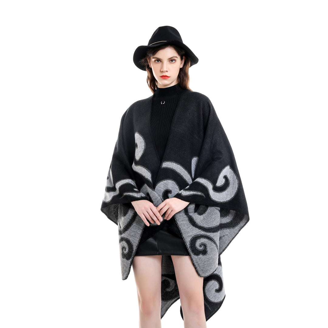 Damen Wollmix-Capeponcho im Ruana-Schnitt mit ornamentaler Intarsienstruktur Shop Nory