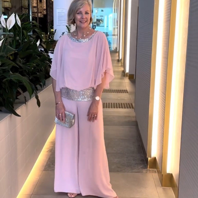 Damen Elegantes Abendzweiteiler mit Chiffon-Cape und Palazzo‑Hose Shop Nory