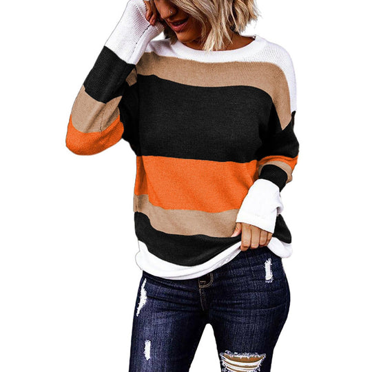 Damen Gestreiftes Langarm-Strickshirt mit Leoprint-Einsätzen und Rundhalsausschnitt Shop Nory
