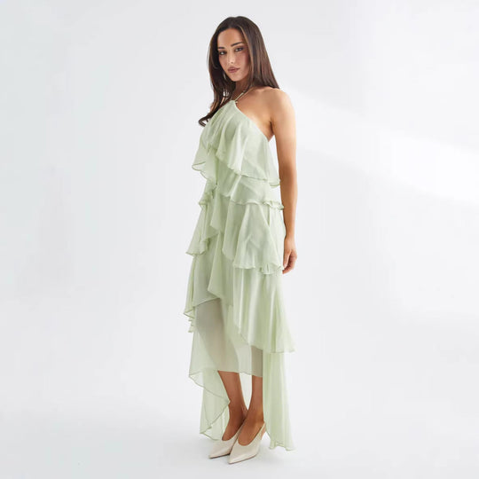 Damen Luftiges Chiffon-Maxikleid mit Rüschendetails und elegantem Halterneck