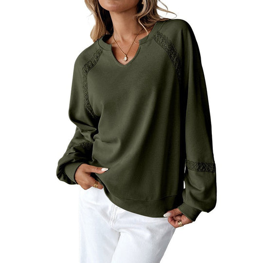 Damen Lässiges Sweatshirt mit V-Notch, Spitzeneinsätzen und Ballonärmeln Shop Nory