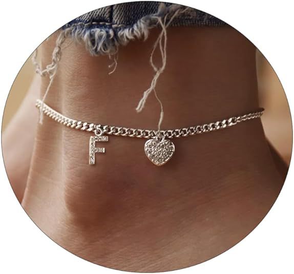Damen Fußkettchen mit personalisiertem Buchstaben und funkelndem Herzanhänger Shop Nory