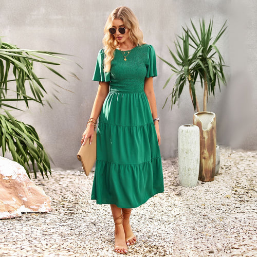 Damen Midikleid mit schwingendem Rüschensaum und elastischem Oberteil Shopnory