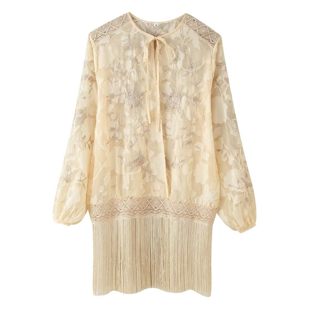 Damen Transparente Stick-Spitzenbluse mit Bindeschleife, Häkelkante und Fransensaum Shop Nory