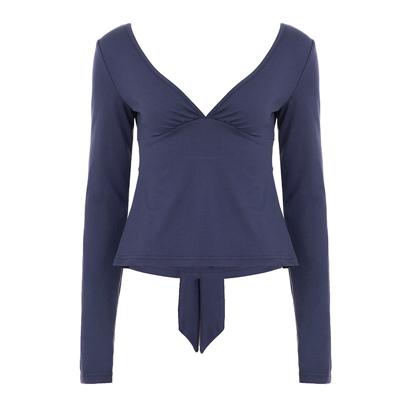Damen nan tailliertes Langarm-Top mit tiefem V-Ausschnitt, geformter Brustpartie und Bindendetail Shop Nory