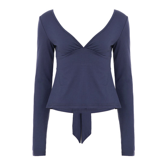 Damen nan tailliertes Langarm-Top mit tiefem V-Ausschnitt, geformter Brustpartie und Bindendetail Shop Nory