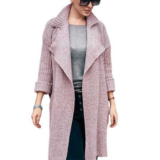 Damen Langer Offener Strickmantel mit Schalkragen und Umschlagärmeln Shop Nory