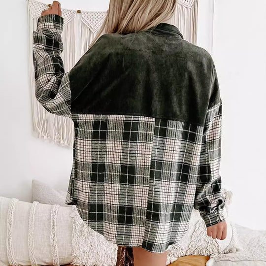 Damen Oversize karierte Hemdjacke mit Cordbesatz und Druckknöpfen Shop Nory