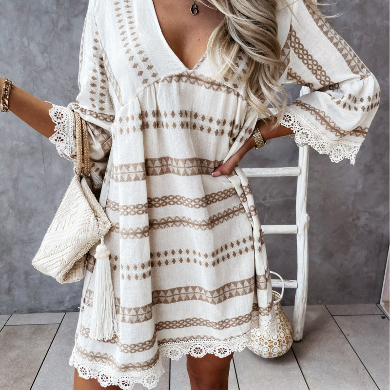 Damen Bohemian-Stil Schlagärmel Mini Kleid